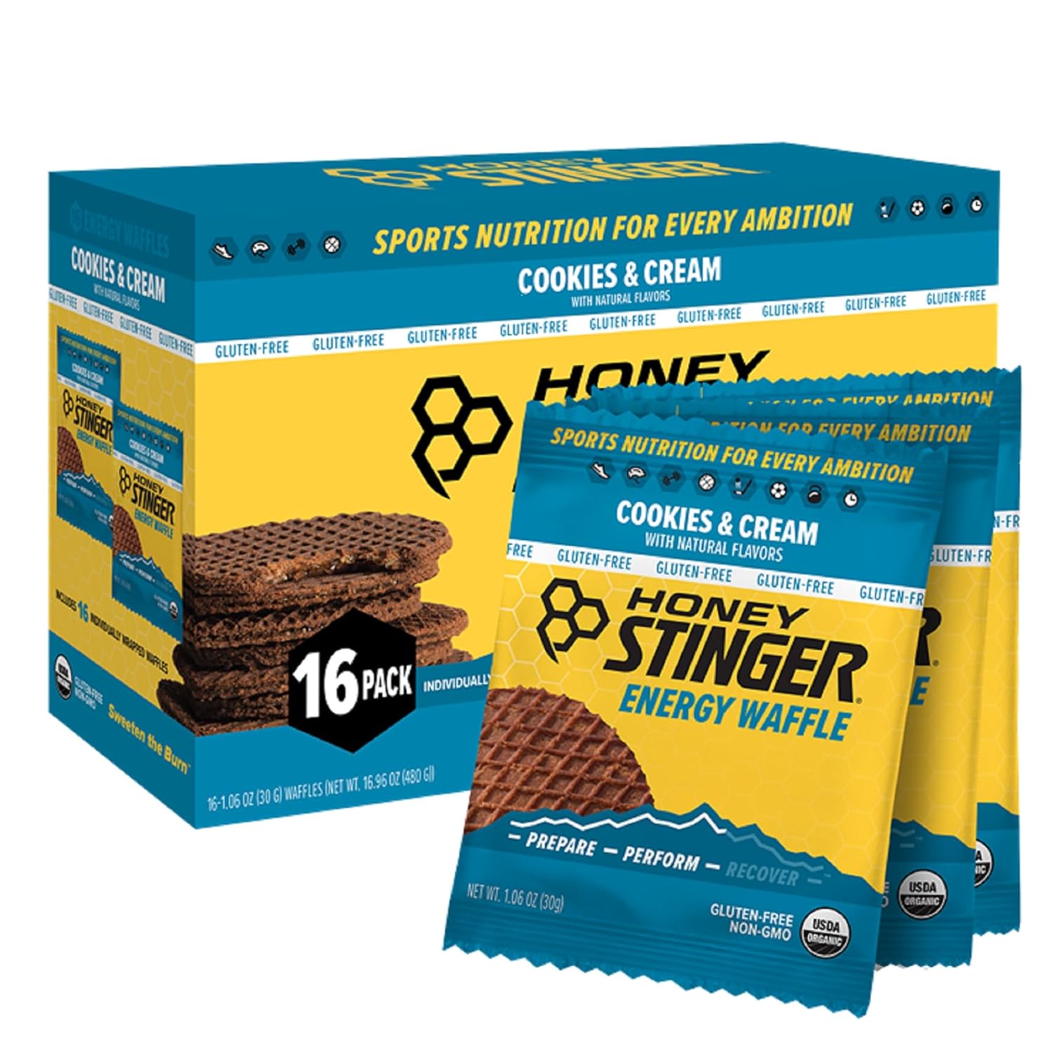 Honey Stinger Organic Gluten Free Cookies & Cream Waffle | Energy Stroopwafel For Exercise, Endurance And Performance | Sports Nutrition For Home & Gym, Pre & During Workout | 16 Waffles, 16.96 Ounce