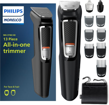 Norelco Philips Multigroomer All-In-One Trimmer Series 3000, 13 Piece Mens Grooming Kit, For Beard, Face, Nose, And Ear Hair Trimmer And Hair Clipper, No Blade Oil Needed, Mg3750/60