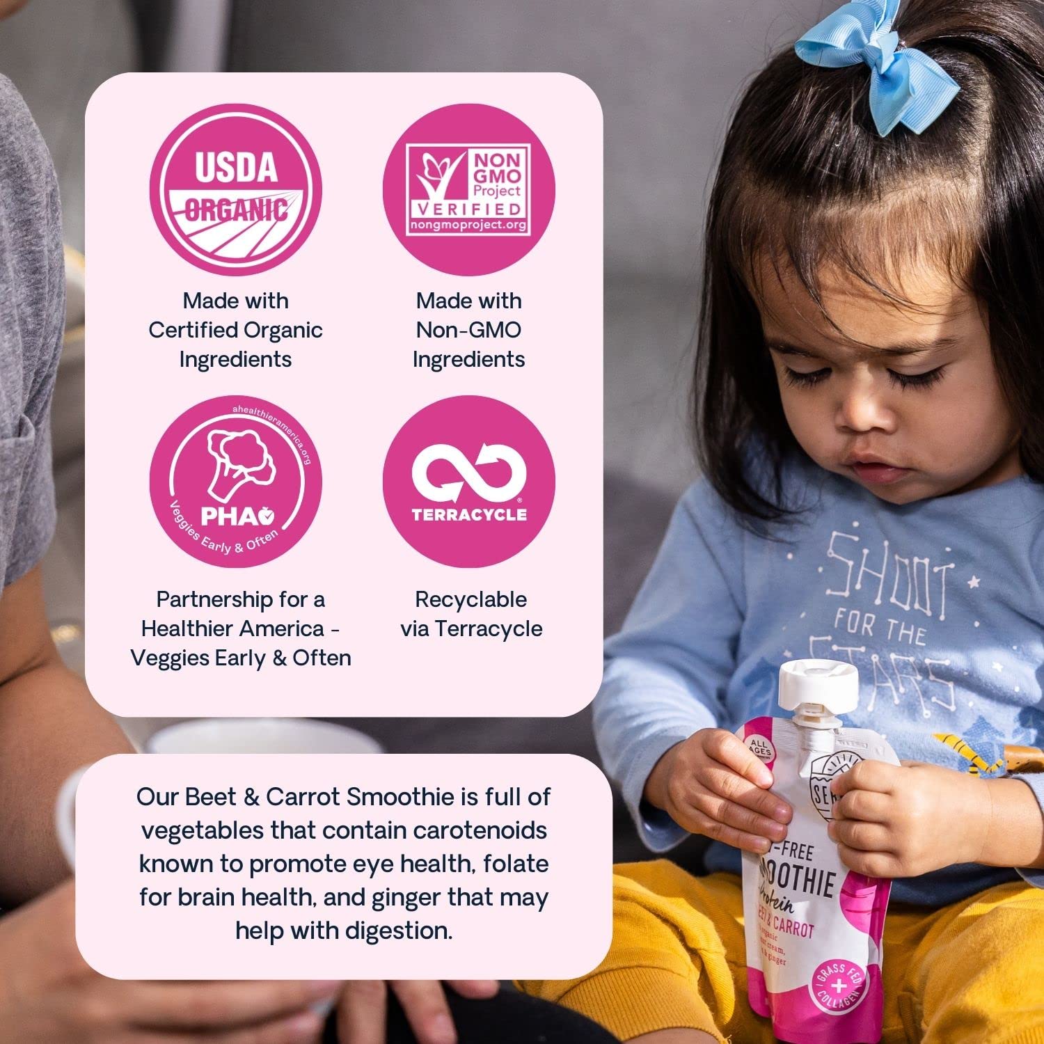 Serenity Kids 6+ Months Dairy-Free Smoothie Baby Food | USDA Organic | Grass Fed Collagen Protein | 3.5 Ounce BPA-Free Pouch | Beet & Carrot | 6 Count : Baby