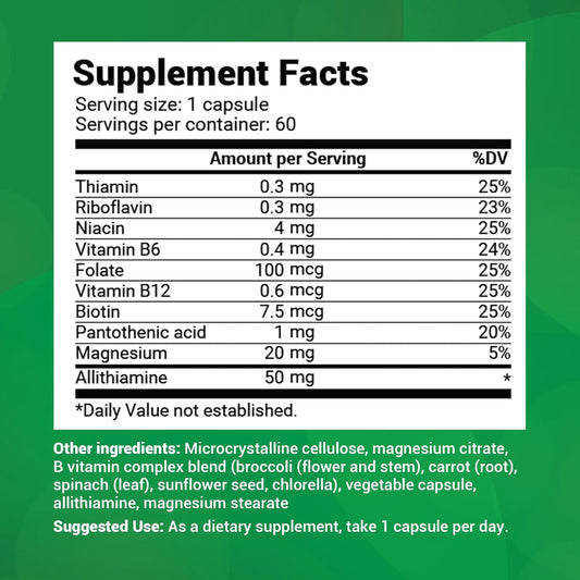 Dr. Berg Natural Vitamin B1 B6 B12 Complex - Allithiamine Vitamin B1 Supplement With 8 Essential Vitamin B Complex For Men & Women Including Thiamin, Niacin, Folate, Magnesium & More - 60 Capsules