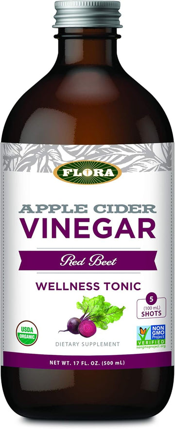 Flora - Apple Cider Vinegar - Red Beet, Wellness Tonic, Non Gmo Dietary Supplement, Contains Five 100Ml Shots, 17-Fl. Oz. Glass Bottle