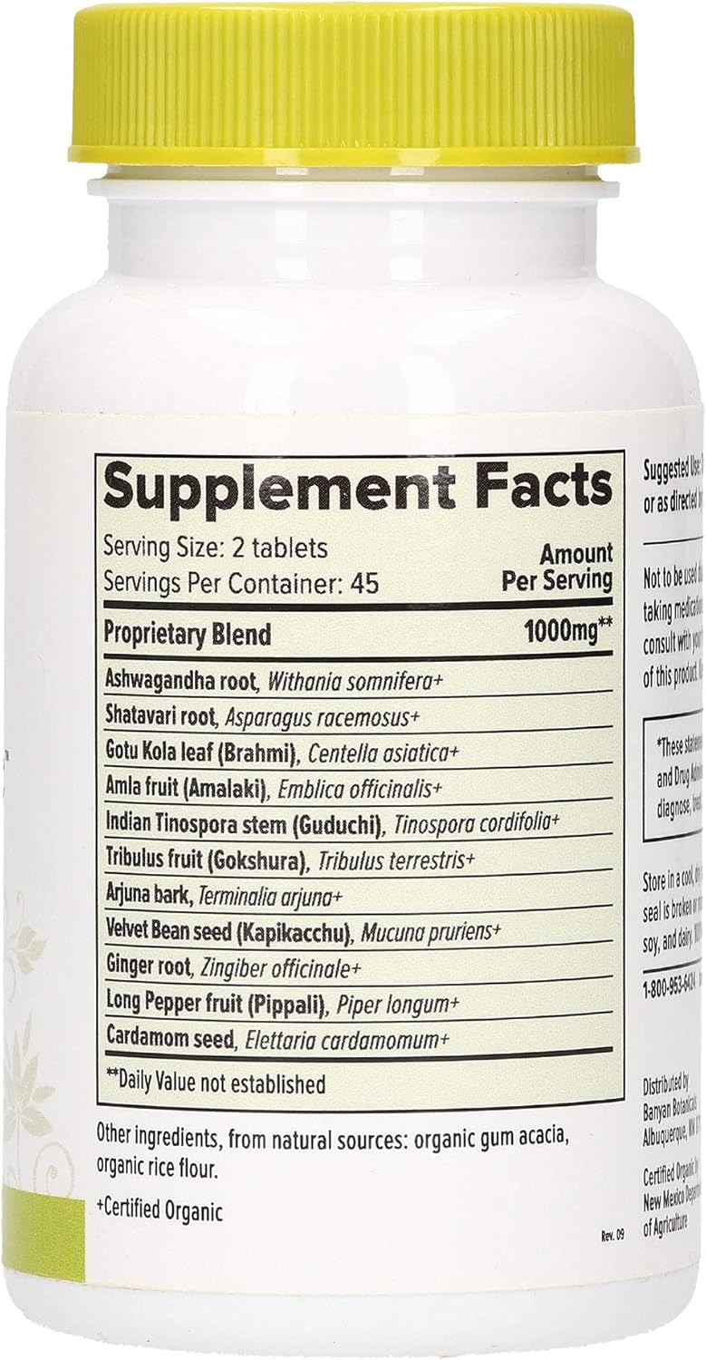 Banyan Botanicals Stress Ease – Organic Herbal Supplement with Ashwagandha – for Stress Relief, Rejuvenation & The Immune System* – 90 Tablets – Non-GMO Sustainably Sourced Vegan