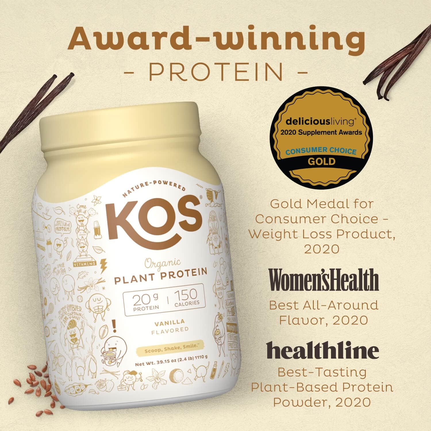 KOS Vegan Protein Powder Erythritol Free, Vanilla USDA Organic - Pea Protein Blend, Plant Based Superfood Rich in Vitamins & Minerals - Keto, Dairy Free - Meal Replacement for Women & Men, 28 Servings : Grocery & Gourmet Food