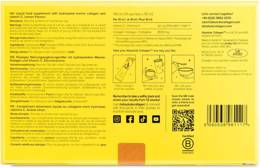 Absolute Collagen Marine Liquid Collagen Supplement For Women | New Lemon Flavour, Supports Hair, Nail & Skin Health, 8000Mg Of Hydrolysed Collagen Per Sachet, Vitamin C | 14 Sachets