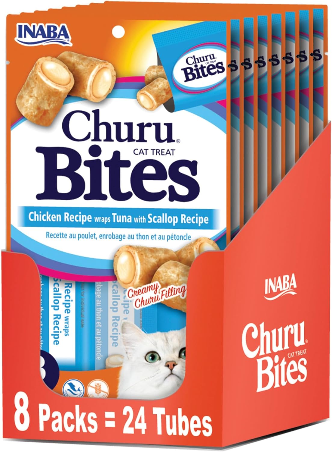 Inaba Churu Bites for Cats, Soft Baked Chicken Churu Filled Cat Treats with Vitamin E, 0.35 Ounces Each Tube, 24 Tubes Total (3 Per Pack), Tuna with Scallop Recipe