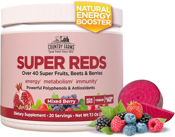 Country Farms Super Reds, Energizing Polyphenol Superfood, 40 Super Fruits And Berries, Powerful Antioxidants And Polyphenols, Supports Energy And Immunity, 20 Servings, Grape Flavor