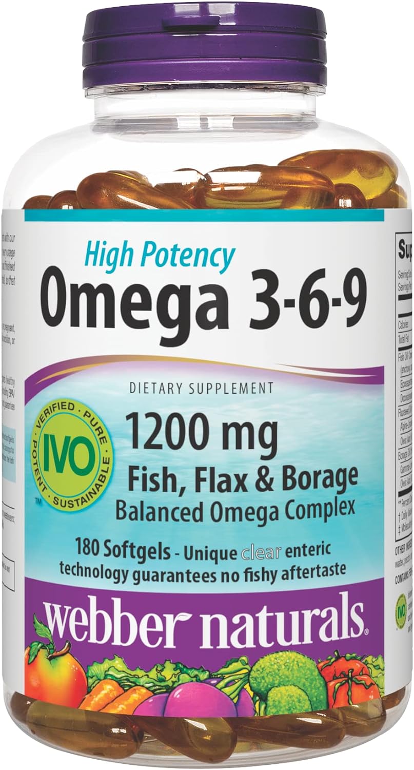 Webber Naturals Triple Omega 3-6-9, 1,200 mg Fish Oil Per Softgel, High Potency, 180 Softgels, No Fishy Aftertaste, Ultra-Purified, for Heart, Brain and Cardiovascular Health, Gluten & Shellfish-Free