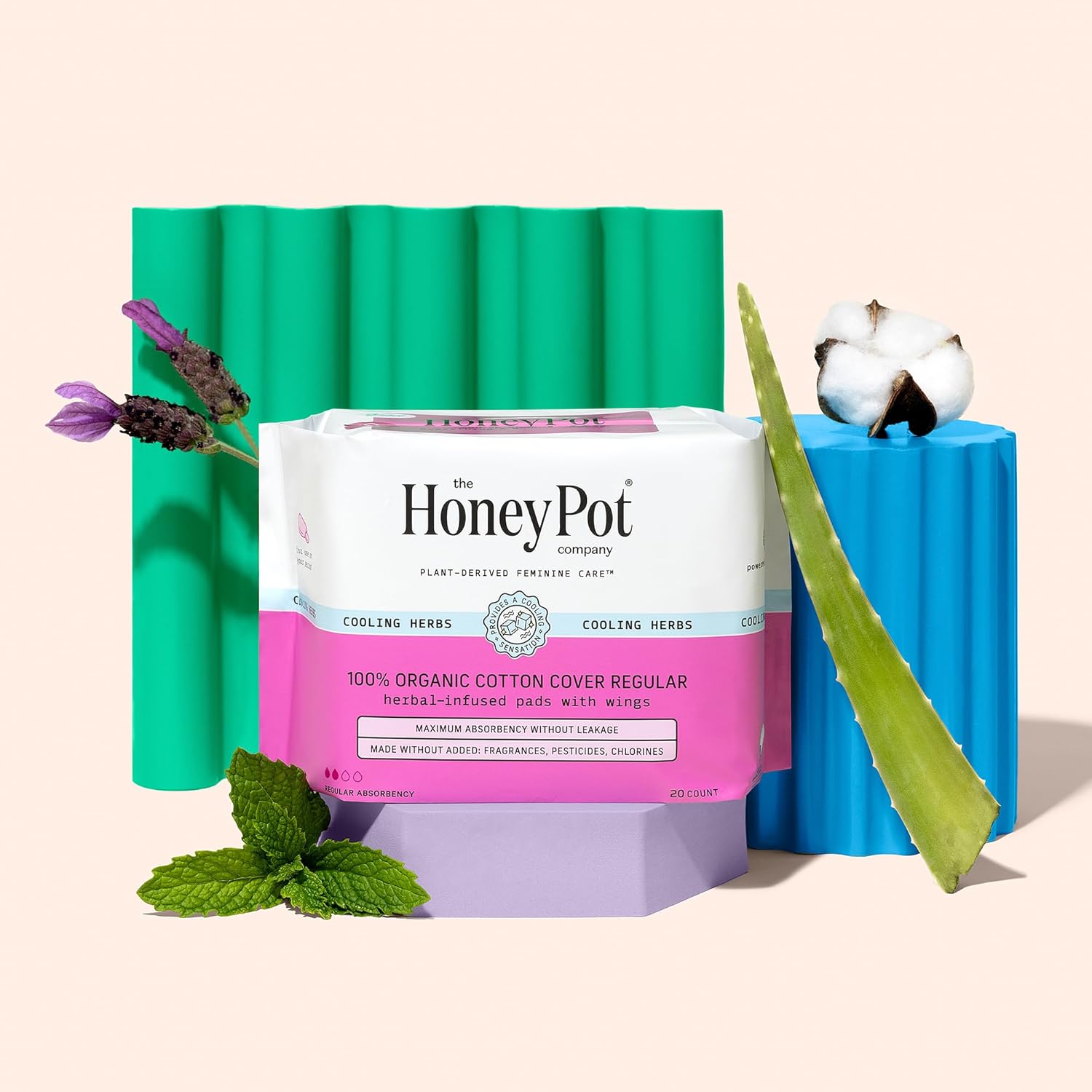 The Honey Pot Company - Herbal Pads for Women - Regular Flow w/Wings - Infused w/Essential Oils for Cooling Effect & Organic Cotton Cover - Sanitary Pads for Women - Feminine Care - FSA & HSA - 20ct : Health & Household