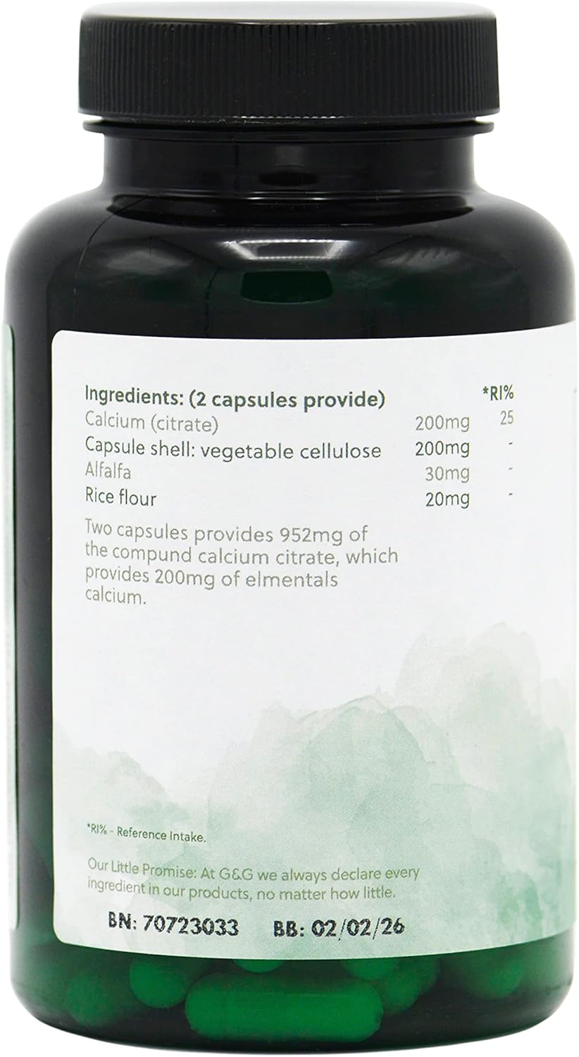 Calcium Citrate Capsules - 200mg Elemental Calcium Per 2 Capsule Dose - 120 Vegan Capsules - G&G Vitamins : Amazon.co.uk: Health & Personal Care