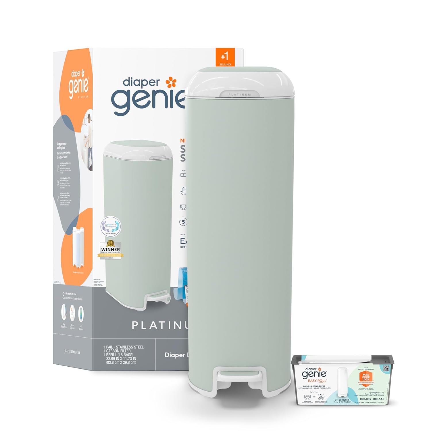 Diaper Genie Platinum Pail (Sage Green) Is Made In Durable Stainless Steel And Includes 1 Easy Roll Refill With 18 Bags That Can Last Up To 5 Months