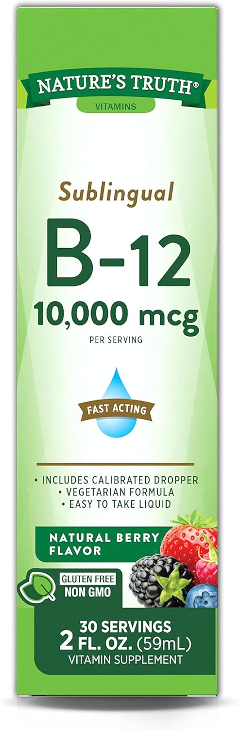 Nature'S Truth B12 Sublingual Liquid Drops | 10,000 Mcg | 2 Oz | Fast Acting | Vegetarian, Non-Gmo & Gluten Free