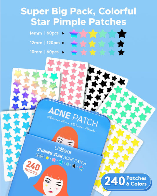Litbear Acne Patch Pimple Patch, 6 Colors 336 Dots Star Pimple Patches With Tea Tree Oil & Centella Oil, Hydrocolloid Acne Pimple Patches For Face Cute Zit Patches Pimple Stickers Acne Dots