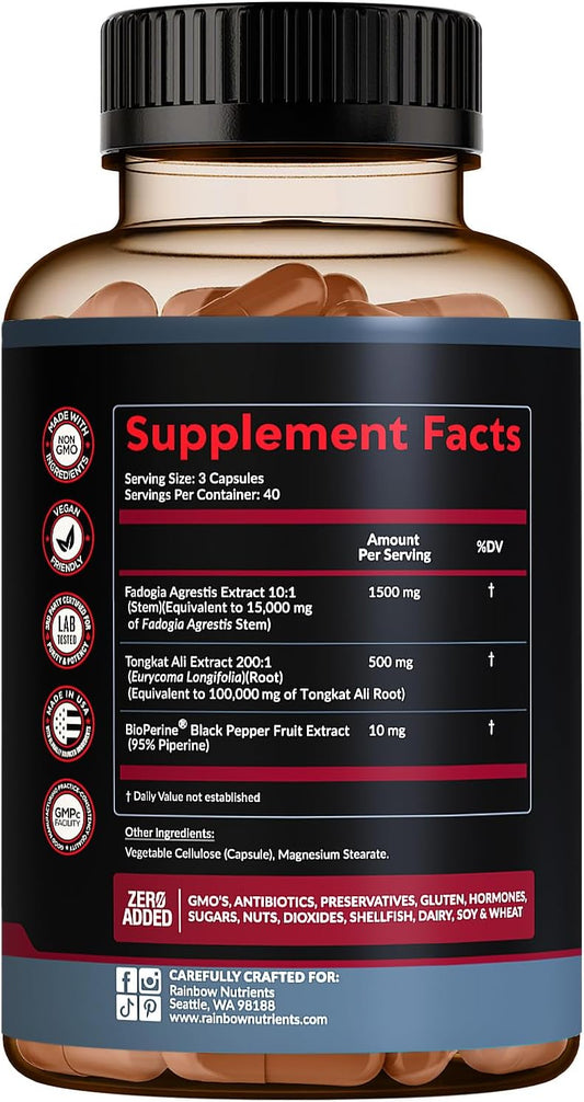 115,000Mg Fadogia Agrestis With Tongkat Ali + Bioperine® [Max Absorption] - Supports Stamina, Strength, Focus, Muscle Health & Recovery, Drive & Performance - Non-Gmo & Made In Usa - 120 V Capsules