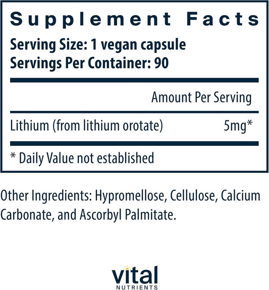 Vital Nutrients Lithium Orotate | Vegan Lithium Supplements For Memory, State Of Mind, And Behavioral Health*| 5Mg | Gluten, Dairy, Soy Free | 90 Capsules