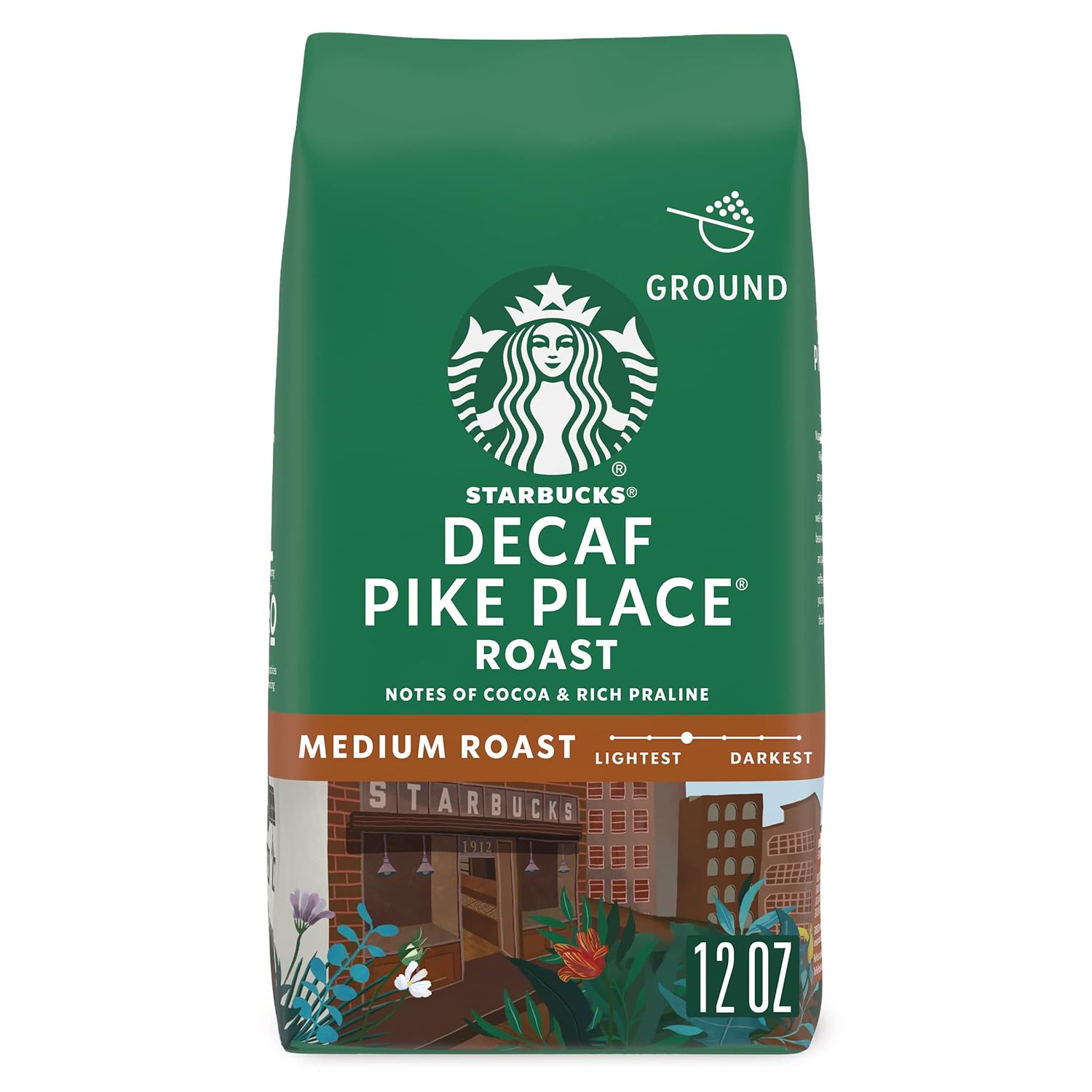 Starbucks Ground Coffee, Medium Roast Coffee, Decaf Pike Place Roast, 100% Arabica, 1 Bag (12 Oz)