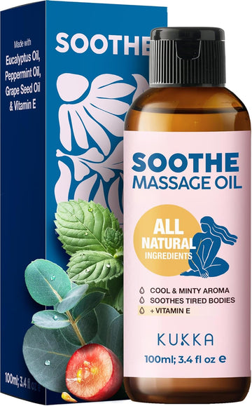 Kukka Soothe Massage Oil For Massage Therapy - Spa Quality Warming Massage Oil - Body Oils For Women & Men - Infused With Eucalyptus Oil, Peppermint Oil, Grapeseed Oil & Vitamin E Oil - (3.38 Fl Oz)