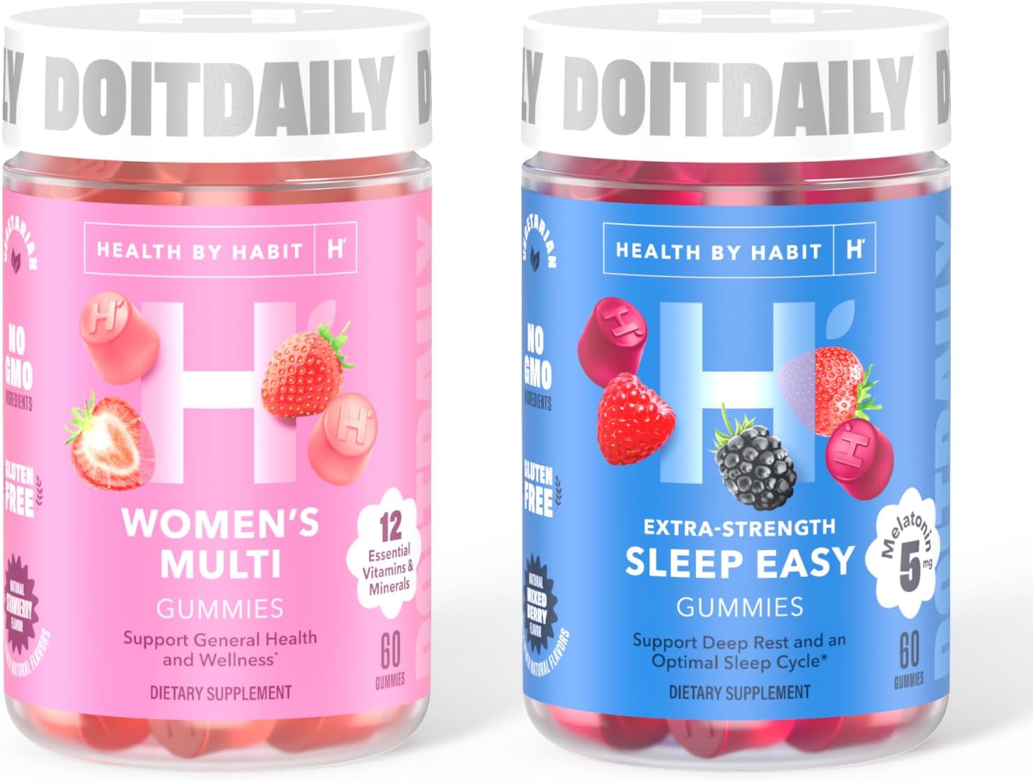 Health By Habit Day & Night Kit - Women's Multi (60 Gummies) & Sleep Easy (60 Gummies) with 5mg Melatonin - Support Deep Sleep, Relaxation, Calmness, Multivitamin, Vitamins A-E, Biotin, Folate, Zinc