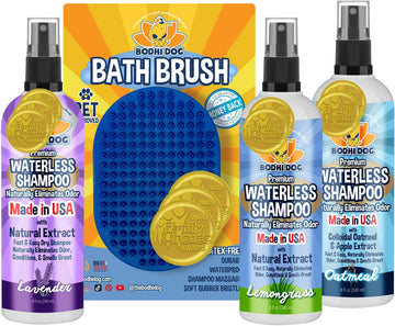 Bodhi Dog Lavender + Lemongrass + Oatmeal & Apple Waterless Shampoo 8Oz + Grooming Shampoo Brush Bundle
