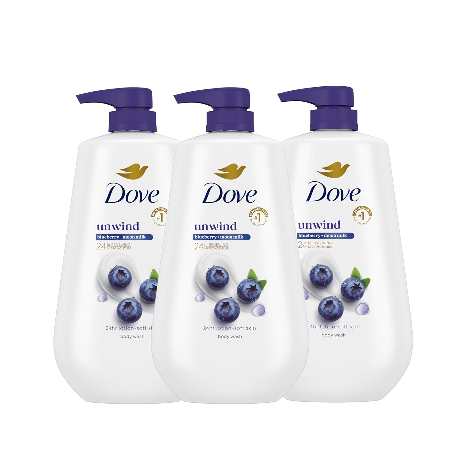 Dove Body Wash 3 Count Unwind Blueberry & Moon Milk For 24Hr Lotion-Soft Skin Moisturizing Skin Cleanser With No Sulfates No Parabens
