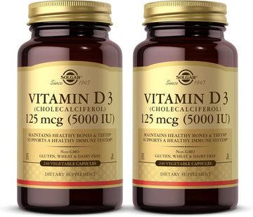 Solgar Vitamin D3 (Cholecalciferol) 125 mcg (5000 IU), 240 Vegetable Capsules - Pack of 2 - Help Maintain Healthy Bones & Teeth, Immune System Support - Non-GMO, Gluten Free - 480 Total Servings