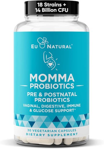 Momma Prenatal Probiotics Mom & Baby – Gut And Digestive Postpartum, Nursing, Morning Sickness Pregnancy Relief – 18 Clinically Proven Strains, 14 Billion Cfu, Prebiotic – 30 Mini Vegan Capsules