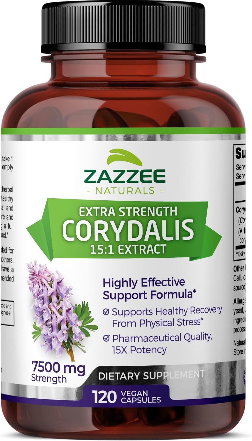 Zazzee Extra Strength Corydalis 15:1 Extract, 7500 Mg Strength, 120 Vegan Capsules, Concentrated And Standardized 15X Extract, 100% Vegetarian, Premium Grade, Conolidine, All-Natural And Non-Gmo