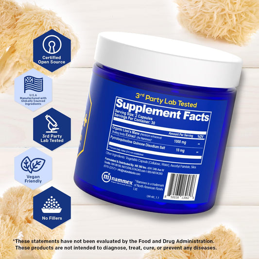 Natural Stacks Lions Mane Supplement With Pqq + Brain Cell Optimizer - Organic Lions Mane Extract For Memory, Learning, Mitochondrial Function - 60 Vegan Lions Mane Mushroom Capsules