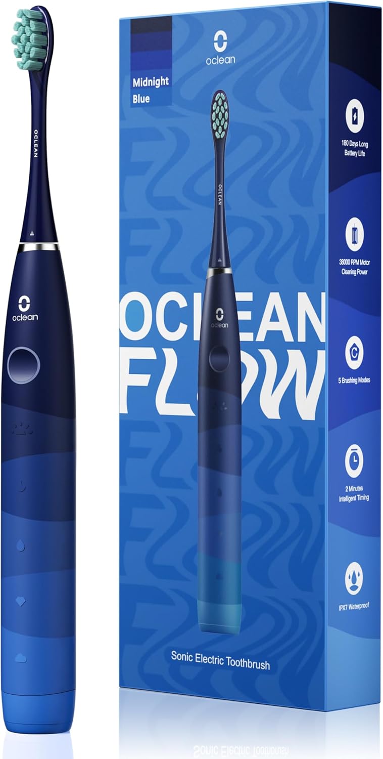 Oclean Flow, Sonic Electric Toothbrush, 5 Modes With Whitening, 180 Days Battery Life, 2 Min Timer & 30S Reminder, Ipx7 – Blue