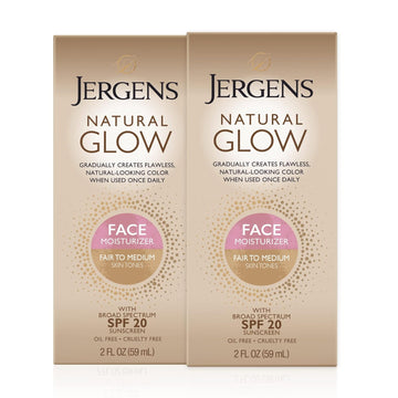 Jergens Natural Glow Face Self Tanner Lotion, SPF 20 Sunless Tanning, Fair to Medium Skin Tone, Daily Facial Sunscreen, Oil Free, Broad Spectrum Protection, 2 Fl Oz (Pack of 2) (Packaging May Vary)
