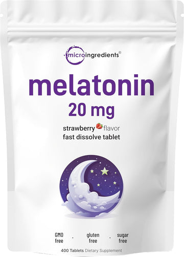 Micro Ingredients Melatonin 20Mg Tablets, 400 Counts, Natural Strawberry Flavor, Fast Dissolve | No Drug, Vegetarian Friendly, Non-Gmo & No Gluten