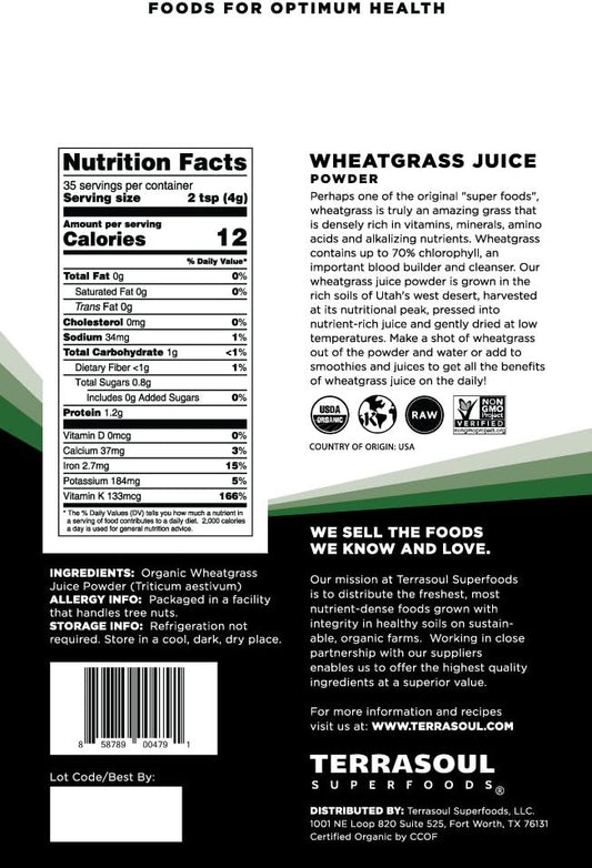 Terrasoul Superfoods Organic Wheat Grass Juice Powder, 20 Ounces - Usa Grown