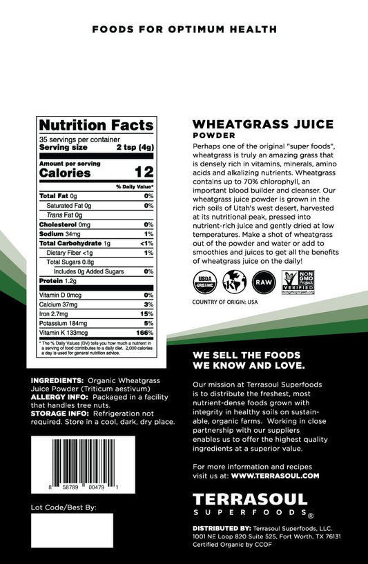 Terrasoul Superfoods Organic Wheat Grass Juice Powder, 5 Oz, Grown in Utah, Made from Nutrient Concentrated Juice, Revitalize with Green Nutrition: Smoothies, Detox Drinks, and Wellness Shots