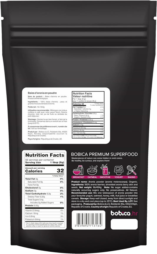 Bobica Organic Aronia Berry Powder, Chokeberry Powder, Antioxidant Superfood, High In Flavonoids, Polyphenols And Potassium, For Immunity, Vegan, Gluten-Free, 1Lb