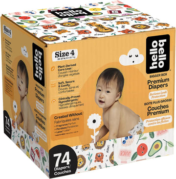 Hello Bello Diapers, Size 4 (22-37 Lbs) - 74 Count Of Premium Disposable Baby Diapers In Wildcats & Snacktime Designs - Hypoallergenic With Soft, Cloth-Like Feel