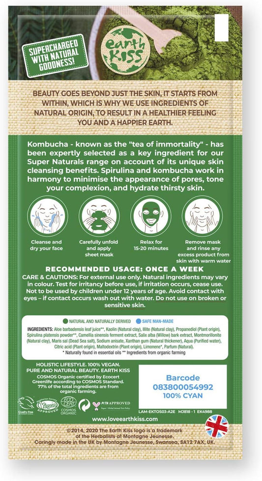 Earth Kiss Super Naturals Hydrating Kombucha And Spirulina Sheet Mask To Minimise The Appearance Of Pores, Tone Your Complexion And Hydrate Thirsty Skin Single Sachet