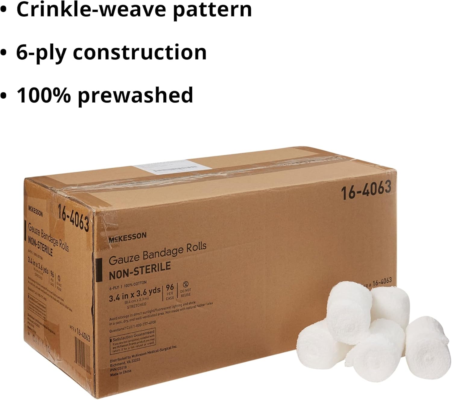 McKesson Gauze Bandage Rolls, Non-Sterile, 6-Ply, 100% Cotton, 3 2/5 in x 3 3/5 in, 96 Count : Health & Household