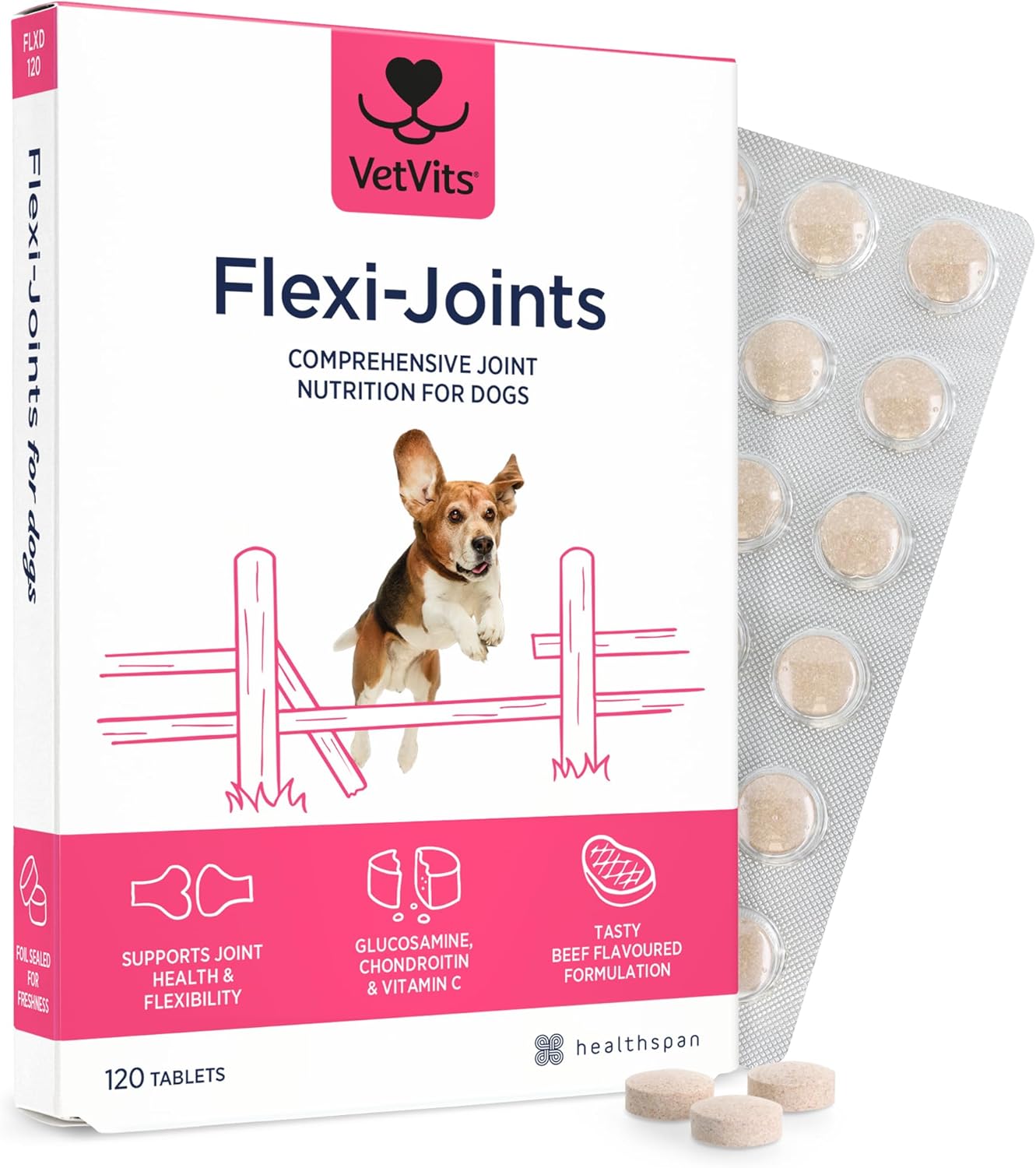 Vetvits Flexi-Joints For Dogs | Supports Your Dog'S Joint Health | Blend Of Glucosamine And Chondroitin | With Vitamins C & E | Delicious Beef Flavour (120 Tablets)