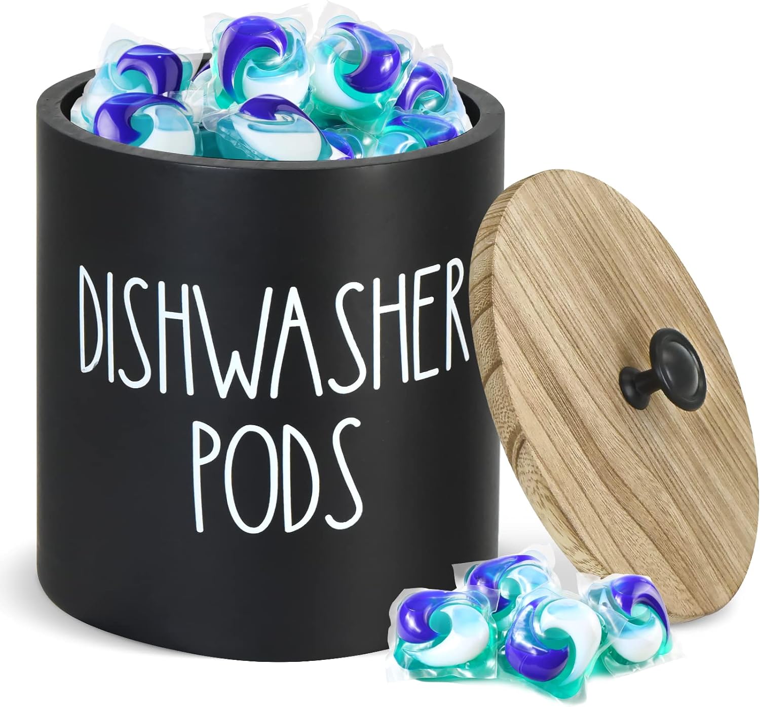 Round Dishwasher Pod Holder, Dishwasher Tablet Container for Kitchen Decor and Accessories, Wood Laundry Detergent Pods Container with Lid, Kitchen Storage Container for Laundry Pods