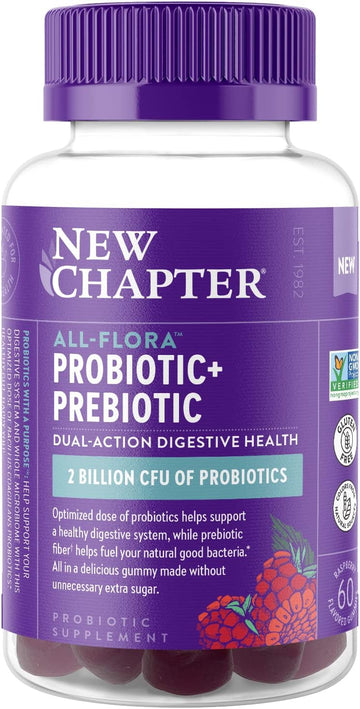 New Chapter Probiotic Gummies for Women and Men, All-Flora (1 Month Supply) ? 55% Less Sugar+, Formulated for Holistic Gut Health Support with Probiotics + Prebiotic Fiber + 100% Vegan + Non-GMO