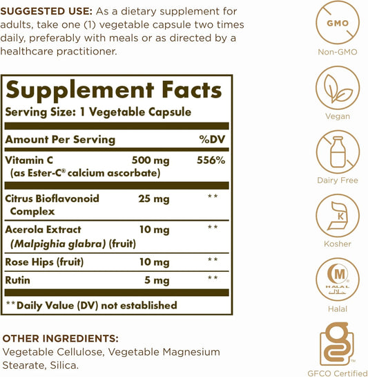 SOLGAR Ester-C Plus 500 mg Vitamin C (Ascorbate Complex) - 100 Vegetable Capsules, Pack of 2 - Antioxidant & Immune Support - Non GMO, Vegan, Gluten Free, Kosher - 200 Total Servings