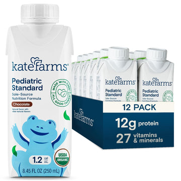 Kate Farms Organic Pediatric 1.2 High Calorie Nutrition Shake, Chocolate, 12G Protein, 27 Vitamins And Minerals, Meal Replacement, 8.45 Oz (12 Pack)