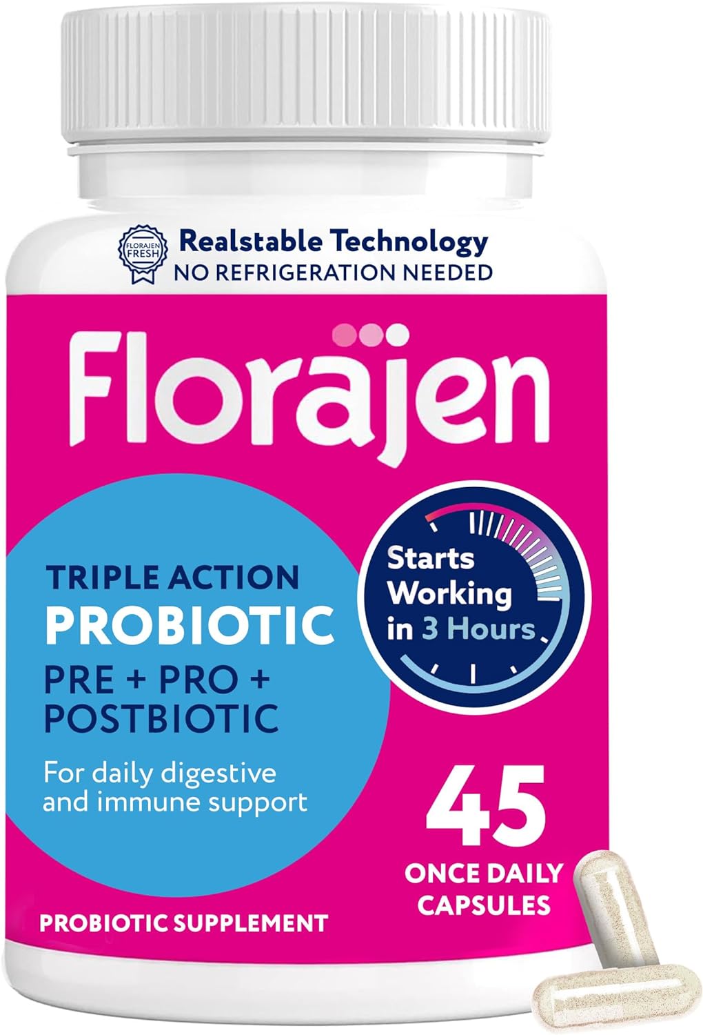 Florajen Complete Probiotic, Prebiotic, & Postbiotic, Women & Men's Daily Immune Support & Digestive Supplement for Constipation and Bloating Relief, 45 Capsules