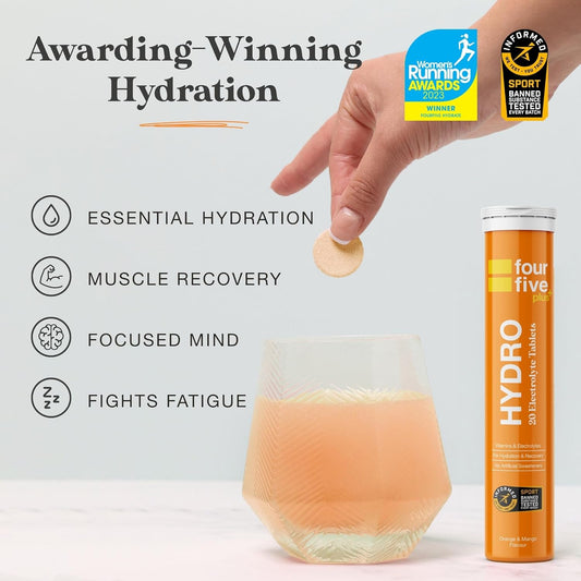 Fourfive Hydration Tablets (Orange & Mango) Low Calorie Vitamin Electrolytes, Vegan, Magnesium & Calcium, Sports Hydration - 8X20 Effervescent