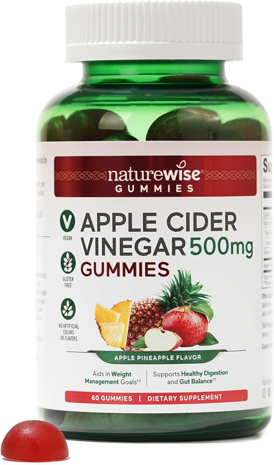 Naturewise Apple Cider Vinegar Gummies - 500Mg Acv Gummies With Vitamin B12 - Apple-Pineapple Flavor - Support For Energy & Gut Health - Vegan, Gluten-Free, Non-Gmo - 60 Gummies[2-Month Supply]