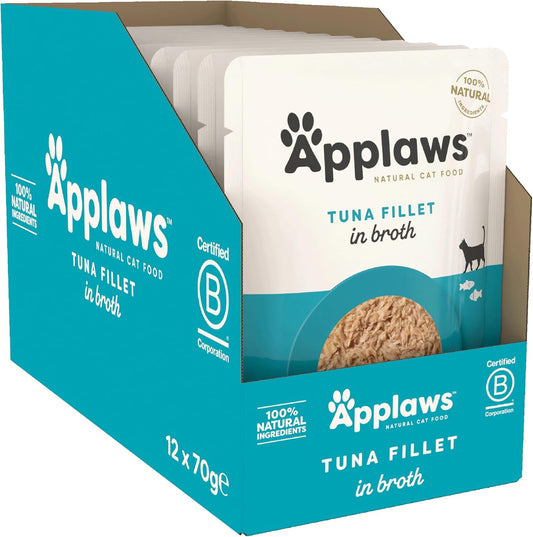 Applaws 100% Natural Wet Cat Food, Tuna Fillet in Broth 70g Pouch for Adult Cats (12 x 70g Pouches)