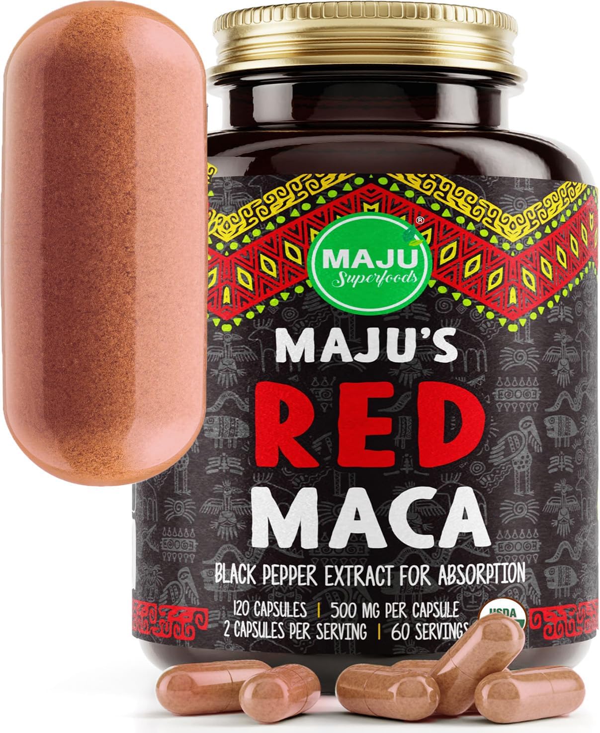 MAJU Organic Red Maca Root Capsules 120ct - Women Focused Curve Enhancement Nutrition Booster Pills, Gain para Thighs, Powder in Pill Supplement Qty 1