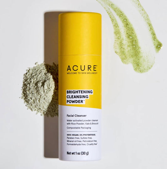 Acure Brightening Cleansing Powder - Concentrated Cleanser, Moisture Retention & Refining Skin’S Texture - Water-Activated Cleanser With Rice Powder, Broccoli, Kale & Spirulina - Net Wt. 1 Oz