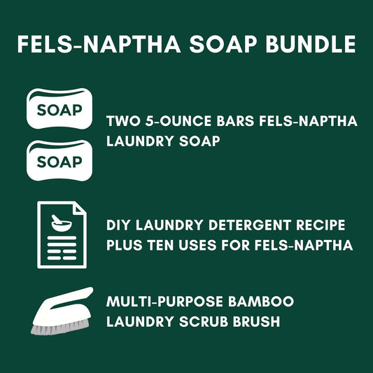 Fels-Naptha Laundry Detergent Bar Soap and Stain Remover Bundle - Includes 2 (5-ounce) Fels Naptha Laundry Bar, Eco Bamboo Laundry Scrub Brush, DIY Laundry Detergent Recipe by FOXTAIL COLLECTIVE