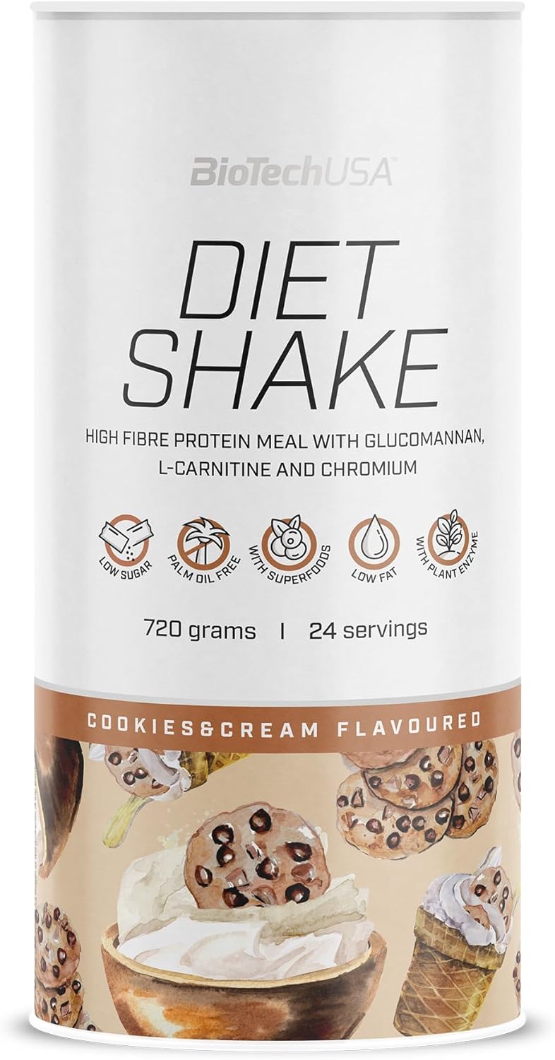 Biotechusa Diet Shake | High-Protein, Low-Fat | With Superfoods, Chromium, Glucomannan, L-Carnitine | Palm Oil-Free, 720 G, Cookies & Cream