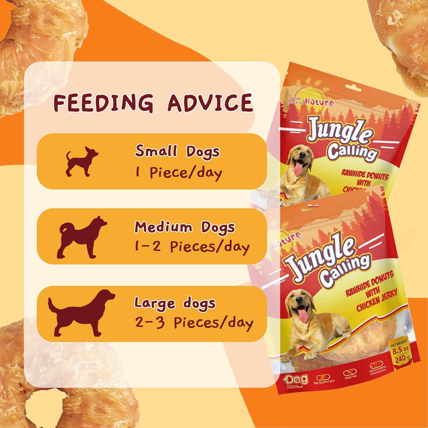 Jungle Calling Dog Treats Long Lasting, Rawhide Chews for Dogs, Chicken Wrapped Rawhide Donuts, Chewy Snacks for Medium Large Dogs : Pet Supplies